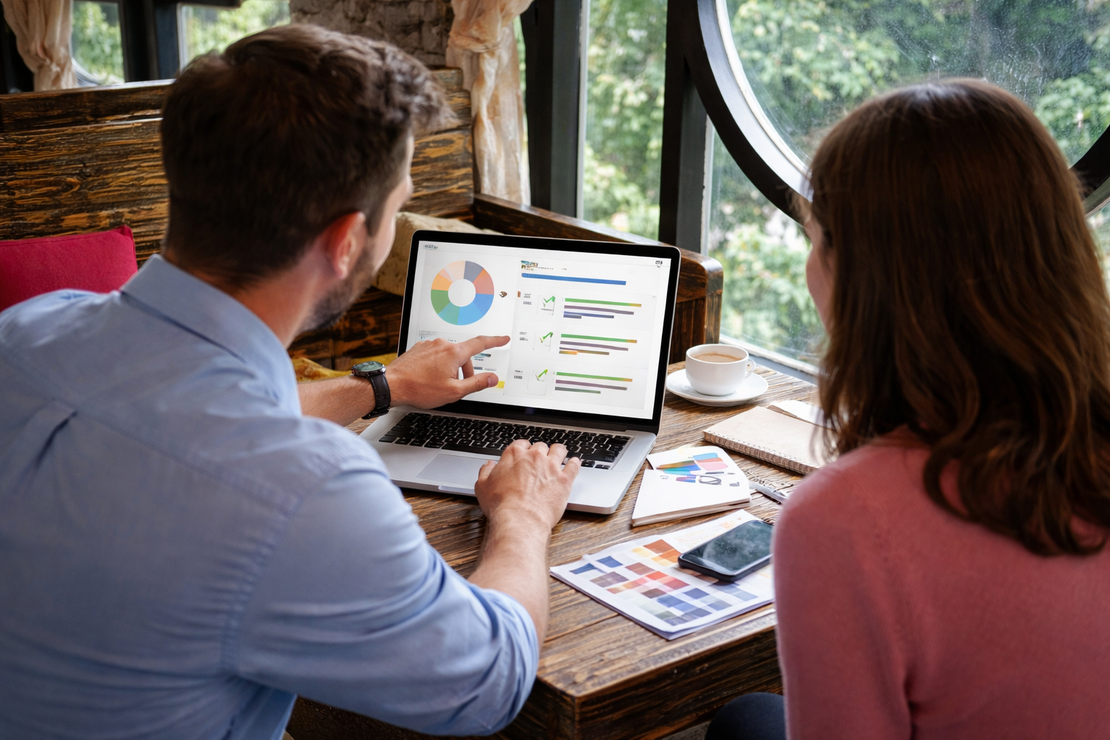 Web designer discussing project with small business client
